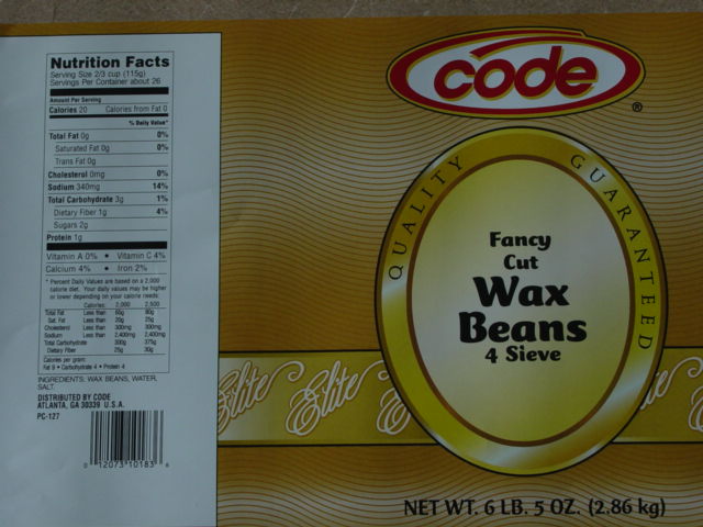 Label from Code brand Fancy cut wax beans 4 sieve 