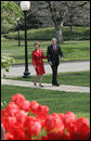 President and Laura Bush return to the White House after attending the dedication of the Abraham Lincoln Presidential Library and Museum Tuesday, April 19, 2005. White House photo by Paul Morse