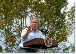 President George W. Bush discusses the restoration of wetlands at Rookery Bay National Estuarine Research Reserve in Naples, Fla., Friday, April 22, 2004. ". my administration will work to restore, to improve, and to protect at least three million acres of wetlands over the next five years ," said the President in his remarks.  White House photo by Eric Draper