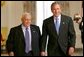 President George W. Bush and Israeli Prime Minister Ariel Sharon prior to talking with the press in the Cross Hall of the White House on April 14, 2004. White House photo by Paul Morse.