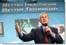President George W. Bush participates in a conversation on the benefits of health care information technology at the Department of Veterans Affairs Medical Center in Baltimore, Maryland on April 27, 2004.  White House photo by Paul Morse