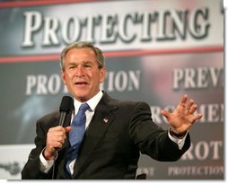 President George W. Bush speaks during a conversation on the USA Patriot Act in Buffalo, N.Y., Tuesday, April 20, 2004.  White House photo by Eric Draper