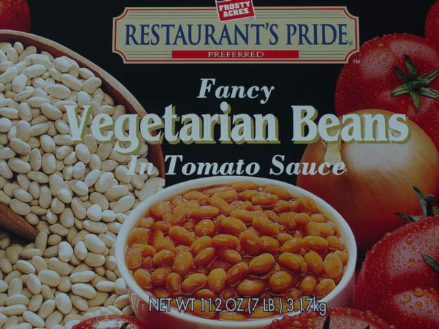 Label from Frosty Acres Restaurant's Pride Preferred brand Fancy vegetarian beans in tomato sauce