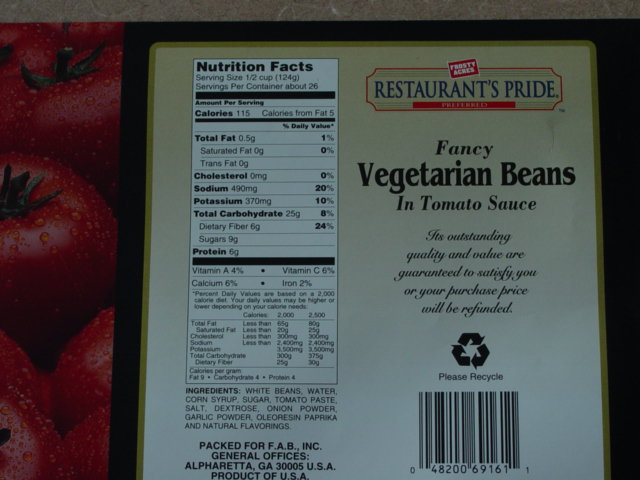 Label from Code brand Fancy vegetarian beans in tomato sauce