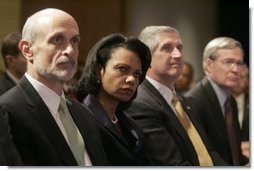 Members of the Cabinet listen as President Bush outlines the strategy Wednesday, Dec. 14, 2005, for victory in Iraq during remarks on the War on Terror at the Woodrow Wilson International Center for Scholars in Washington D.C. From left are: Secretary Michael Chertoff, Department of Homeland Security; Secretary of State Condoleezza Rice; Chief of Staff Andrew Card, and Stephen J. Hadley, Assistant to the President for National Security Affairs.  White House photo by Kimberlee Hewitt