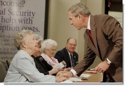 President George W. Bush meets with senior citizens, Friday, July 22, 2005, at the Wesley Woods Center in Atlanta, to talk about new options in Medicare.  White House photo by Paul Morse