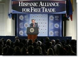 President George W. Bush addresses the Hispanic Alliance for Free Trade, Thursday, July 21, 2005, at the Organization of American States in Washington. President Bush thanked the group for their support of CAFTA.  White House photo by Eric Draper