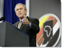 President George W. Bush delivers remarks during the Indiana Black Expo Corporate Luncheon in Indianapolis, Indiana, Thursday, July 14, 2005.  White House photo by Eric Draper
