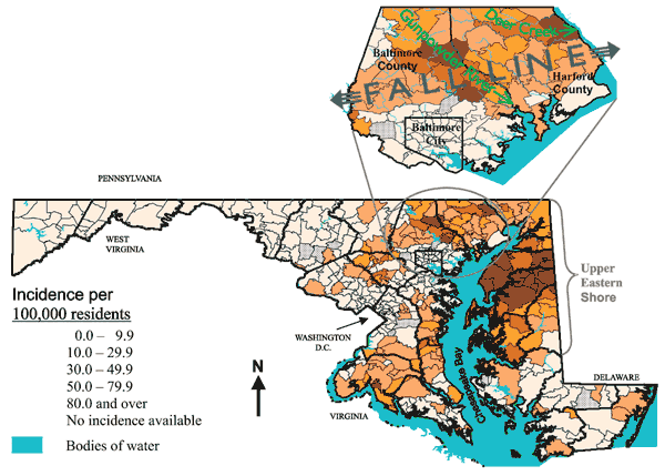 Figure. Average annual incidence of Lyme disease by zip code, Maryland, 1993–1998.