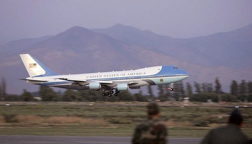 Air Force One comes in for a landing as President George W. Bush and Laura Bush arrive for an APEC summit in Santiago, Chile, Nov. 19, 2004. White House photo by Paul Morse