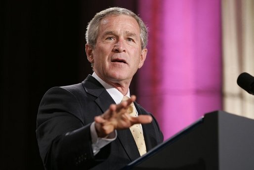 President George W. Bush gestures as he addresses an audience, Wednesday, Sept. 21, 2005 at the Republican Jewish Coalition's 20th Anniversary Celebration in Washington. White House photo by Paul Morse