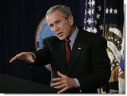 President George W. Bush gestures as he delivers a statement Thursday, Sept. 22, 2005, on the War on Terror during a visit to the Pentagon. President Bush also thanked the leadership of the Pentagon for their help in the aftermath of Hurricane Katrina.  White House photo by Eric Draper