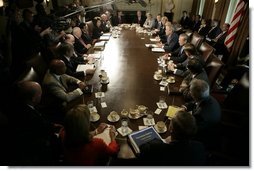 President George W. Bush gestures as he speaks to members of the Homeland Security Council Monday, Sept. 19, 2005, in the Cabinet Room of the White House.  White House photo by Eric Draper