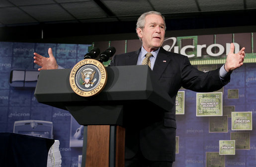 President George W. Bush gestures as he addresses the employees at Micron Technology Virginia in Manassas, Va., Tuesday, Feb. 6, 2007, on fiscal responsibility and the fiscal year 2008 budget. White House photo by Paul Morse