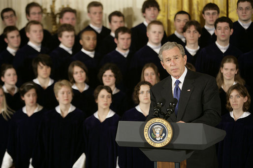 President George W. Bush delivers remarks during the National Day of Prayer commemoration in the East Room Thursday, May 5, 2005. "Today, prayer continues to play an important part in the personal lives of many Americans," said the President. "Every day, millions of us turn to the Almighty in reverence and humility. Every day, our churches and synagogues and mosques and temples are filled with men and women who pray to our Maker." White House photo by Eric Draper