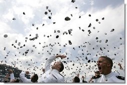 U.S. Naval Academy Midshipmen celebrate graduation in Annapolis, Md., Friday, May 27, 2005. President George W. Bush addressed the Naval Academy graduates during the ceremony.  White House photo by Paul Morse
