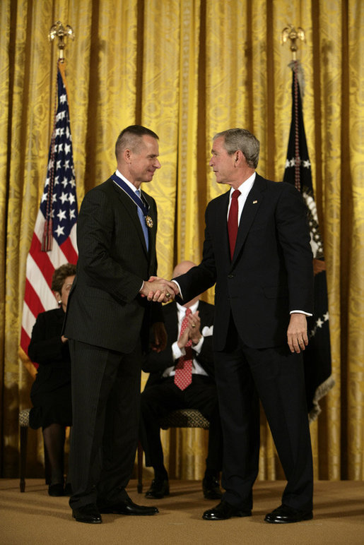 President George W. Bush shakes hands with General Peter Pace after presenting him with the Presidential Medal of Freedom Thursday, June 19, 2008, during the Presidential Medal of Freedom ceremony in the East Room at the White House. White House photo by David Bohrer