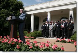 President George W. Bush delivers remarks during a visit to the White House Tuesday, June 3, 2008, by the University of Kansas Jayhawks, winners of the 2008 NCAA Men's Basketball Championship.  White House photo by David Bohrer