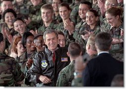 President George W. Bush is greeted with a thunderous cheer as he talks with troops during his visit to Elgin Air Force Base in Florida February 4.  White House photo by Paul Morse