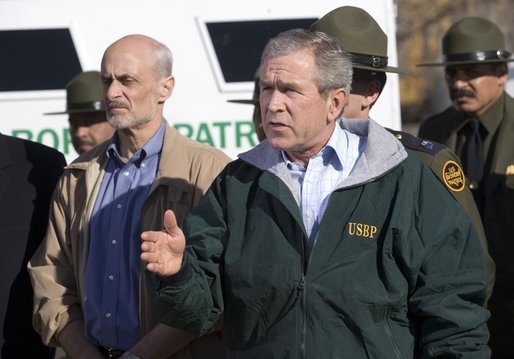 President George W. Bush delivers a statement on Border Security following a tour of the El Paso Sector of the US-Mexico border region, Tuesday, Nov. 29, 2005. Also pictured at left is Homeland Security Secretary Michael Chertoff. White House photo by Eric Draper