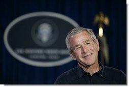 President George W. Bush addresses a news conference, Tuesday, Aug. 9, 2005 at the Bush Ranch in Crawford, Texas, following a meeting to discuss the strength of the U.S. economy. White House photo by Eric Draper