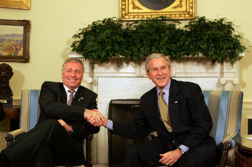 President George W. Bush shakes hands with Prime Minister of the Czech Republic, Mirek Topolanek, during their meeting Wednesday, Feb. 27, 2008, in the Oval Office. White House photo by Joyce N. Boghosian