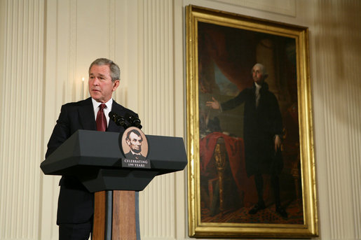 President George W. Bush makes remarks during a ceremony in the East Room of the White House honoring Abraham Lincoln's 199th Birthday, Sunday, Feb. 10, 2008. White House photo by Chris Greenberg