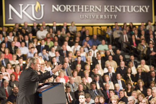President George W. Bush gestures as he addresses his remarks on the American Competitiveness Initiative to an audience at Northern Kentucy University, Friday, May 19, 2006 in Highland Heights, Ky. White House photo by Kimberlee Hewitt