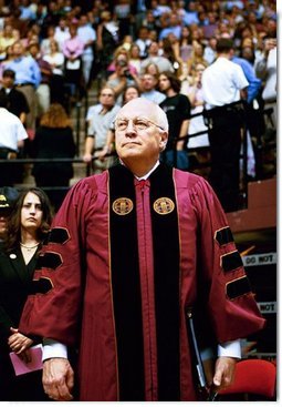 Vice President Dick Cheney waits to address the audience of the Florida State University Commencement Ceremony in Tallahassee, Fla., Saturday, May 1, 2004.  White House photo by David Bohrer