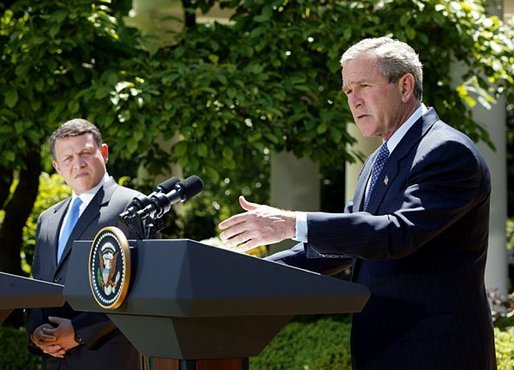 President George W. Bush and His Majesty King Abdullah Bin Al Hussein of Jordan hold a joint press conference in the Rose Garden Thursday, May 6, 2004. White House photo by Paul Morse