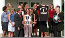 President George W. Bush welcomes the National Champion University of Nebraska-Lincoln Women's Volleyball team to the White House Thursday May 31. WHITE HOUSE PHOTO BY SUSAN STERNER