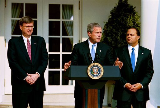 Announcing the national "Do Not Call Registry," President George W. Bush stands with Federal Trade Commission Chairman Timothy Muris, left, and Federal Communications Commission Chairman Michael Powell in the Rose Garden Friday, June 28, 2003. The registry protects privacy by blocking incoming telemarketing calls. White House photo by Susan Sterner