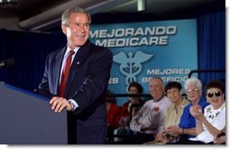 President George W. Bush addresses seniors on pending Medicare legislation at the Little Havana Activities and Nutrition Center in Miami, Fla., June 30, 2003.  White House photo by Paul Morse
