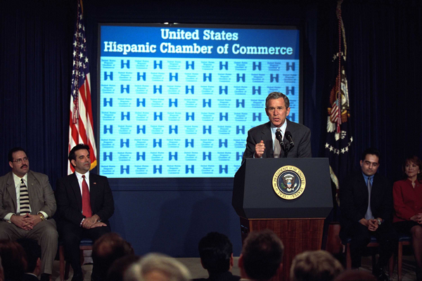 President George W. Bush addresses the Hispanic Chamber of Commerce in the Presidential Hall at Dwight D. Eisenhower Executive Office Building March 6, 2002. "I want everybody who wants to start their own business to feel comfortable in doing so, and have an opportunity to succeed in America," said President Bush. White House photo by Tina Hager.