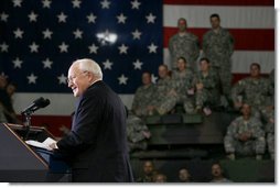 Vice President Dick Cheney addresses troops and families from the Iowa Air and Army National Guard, Monday, July 17, 2006, at Camp Dodge in Johnston, Iowa. During his remarks the Vice President thanked the troops for their efforts in the global war on terror. Approximately 7,500 soldiers from the Iowa Army and Air National Guard have served in Iraq and Afghanistan.  White House photo by David Bohrer