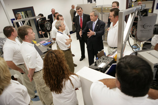 President George W. Bush speaks to employees at Gyrocam Systems in Sarasota, Fla., during an unannounced visit Tuesday, Oct. 24, 2006. Gyrocam Systems is known as an industry leader in airborne surveillance used for both law enforcement and homeland security. White House photo by Eric Draper