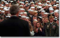 President George W. Bush speaks to sailors and other members of the military at NATO ACLANT headquarters at the Norfolk Naval Air Station on February 13, 2001 in Norfolk, Virginia. President Bush visited several military bases last week to reaffirm his commitment to improve living conditions for the people who serve in America's armed forces. (WHITE HOUSE PHOTO BY PAUL MORSE)