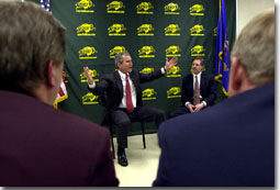 President George W. Bush meets with area farmers from North Dakota following his North Dakota Welcome at North Dakota State University in Fargo, Thursday, Mar 8. Also pictured at right is North Dakota Gov. John Hoeven.