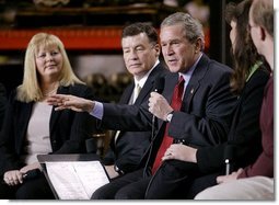 President George W. Bush speaks on stage during a conversation on the economy at SRC Automotive in Springfield, Mo., Monday, Feb. 9, 2004.  White House photo by Eric Draper