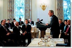 President George W. Bush addresses the National Governors Association in the State Dining Room of the White House Monday, Feb. 23, 2004.  White House photo by Tina Hager