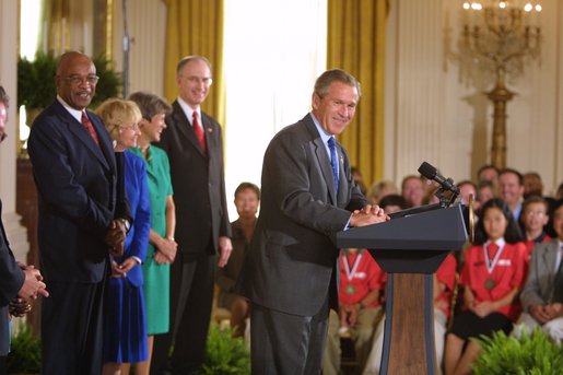 President George W. Bush addresses education leaders during his remarks on Education Implementation in the East Room at the White House Wednesday, Sept. 4. In his first year in office, the No Child Left Behind Act of 2001 was passed with an overwhelming majority in both houses of Congress. Today state and local schools were recognized for their efforts in implementing the act. 