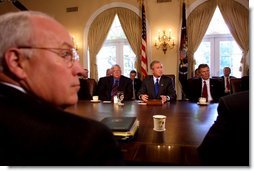 President George W. Bush along with Vice President Dick Cheney meet with Senate Leaders and select ranking committee chairmen in the Cabinet Room at The White House during a morning meeting (today) Wednesday, Sept. 4. White House photo by Paul Morse.