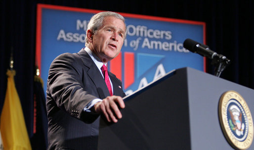President George W. Bush addresses his remarks on the global war on terror to members and guests at the Military Officers Association of America meeting Tuesday, Sept. 5, 2006, at the Capital Hilton Hotel in Washington. President Bush spoke about the U.S. and our allies strategy for combating terrorism saying "we’re confronting them before they gain the capacity to inflict unspeakable damage on the world, and we’re confronting their hateful ideology before it fully takes root." White House photo by Kimberlee Hewitt