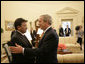 President George W. Bush welcomes His Excellency Pervez Musharraf, President of the Islamic Republic of Pakistan, to the Oval Office Friday, Sept. 22, 2006. The two discussed a number of issues, including earthquake recovery and continued intelligence cooperation. White House photo by Eric Draper