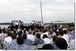 President George W. Bush delivers a Labor Day speech at the Paul Hall Center for Maritime Training and Education in Piney Point, Md., Monday September 4, 2006.  White House photo by Kimberlee Hewitt