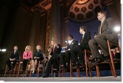 President George W. Bush participates in a discussion on Social Security reform at the Andrew W. Mellon Auditorium in Washington, D.C., Tuesday, Jan. 11, 2005. Also pictured, from left, are Sonya Stone, Rhode Stone, Bob McFadden and Scott Ballard.  White House photo by Paul Morse