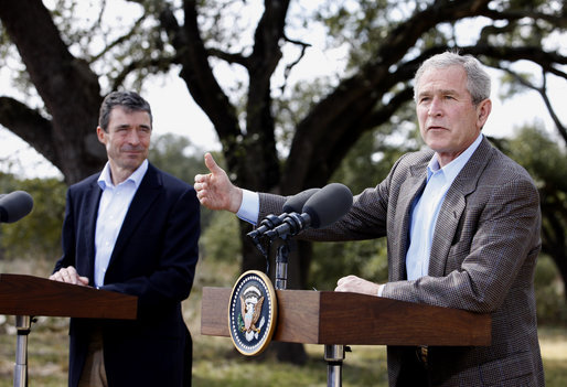 President George W. Bush speaks during a joint press availability with Prime Minister Anders Fogh Rasmussen of Denmark at The Bush Ranch in Crawford, Texas, Saturday, March 1, 2008, in Crawford, Texas. White House photo by Eric Draper