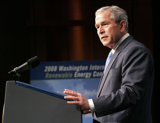 President George W. Bush delivers remarks to the Washington International Renewable Energy Conference 2008 Wednesday, March 5, 2008, at the Washington Convention Center in Washington, D.C. White House photo by Chris Greenberg
