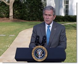 President George W. Bush delivers a statement on FISA, the Foreign Intelligence Surveillance Act, Thursday, March 13, 2008, on the South Drive of the White House. In urging Congress to act, the President said, "The American people understand the stakes in this struggle. They want their children to be safe from terror. Congress has done little in the three weeks since the last recess, and they should not leave for their Easter recess without getting the Senate bill to my desk."  White House photo by Chris Greenberg