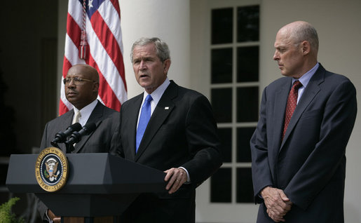 President George W. Bush stands with Secretary Alphonso Jackson, of the Department of Housing and Urban Development, and Secretary Henry Paulson Jr.,of the Department of Treasury, during a statement Friday, Aug. 31, 2007, in the Rose Garden regarding homeownership financing. "Owning a home has always been at the center of the American Dream. Together with the United States Congress, I will continue working to help make that dream a reality for more of our citizens." White House photo by Shealah Craighead